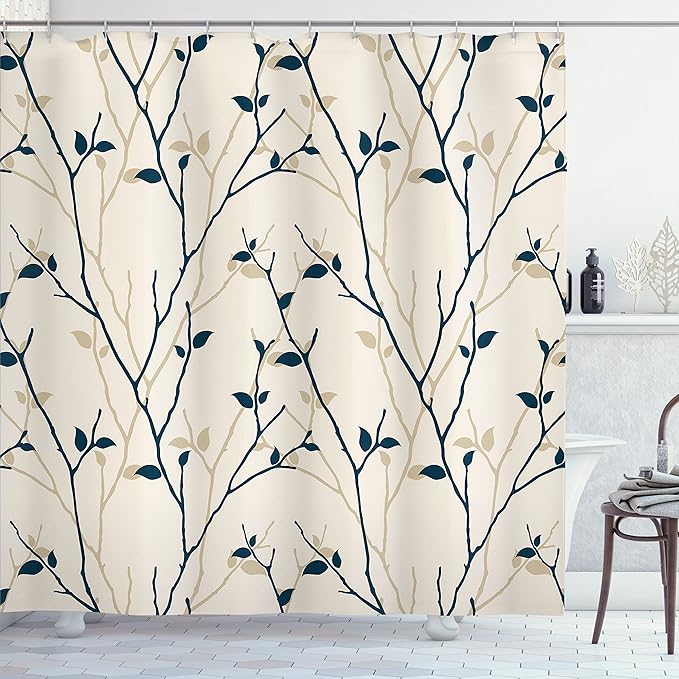 Ambesonne Leaf Shower Curtain, Branches in The Fall Trees Stem Twig Last Few Leafage Minimalistic Design Art, Cloth Fabric Bathroom Decor Set with Hooks, 69" W x 84" L, Beige Dusk
