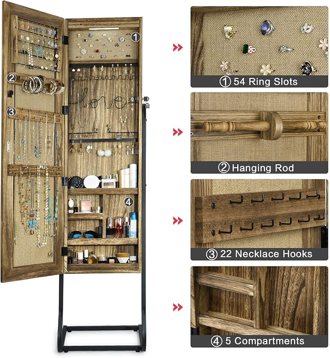 SRIWATANA Jewelry Armoire Cabinet, Solid Wood Standing Jewelry Organizer with Full Length Mirror (Carbonized Black) | Free-Standing Jewelry Armoire; Large Capacity Mirror Organizer with Lockable Door & Sturdy Base