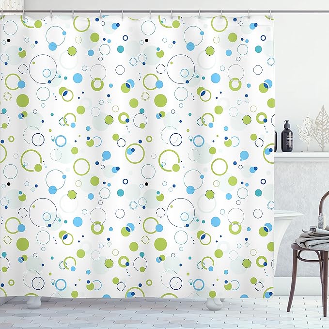 Ambesonne Abstract Shower Curtain, Blue and Green Bubble Like Circle and Dots Pattern Design Print, Cloth Fabric Bathroom Decor Set with Hooks, 69" W x 75" L, Pale Green Pale Blue