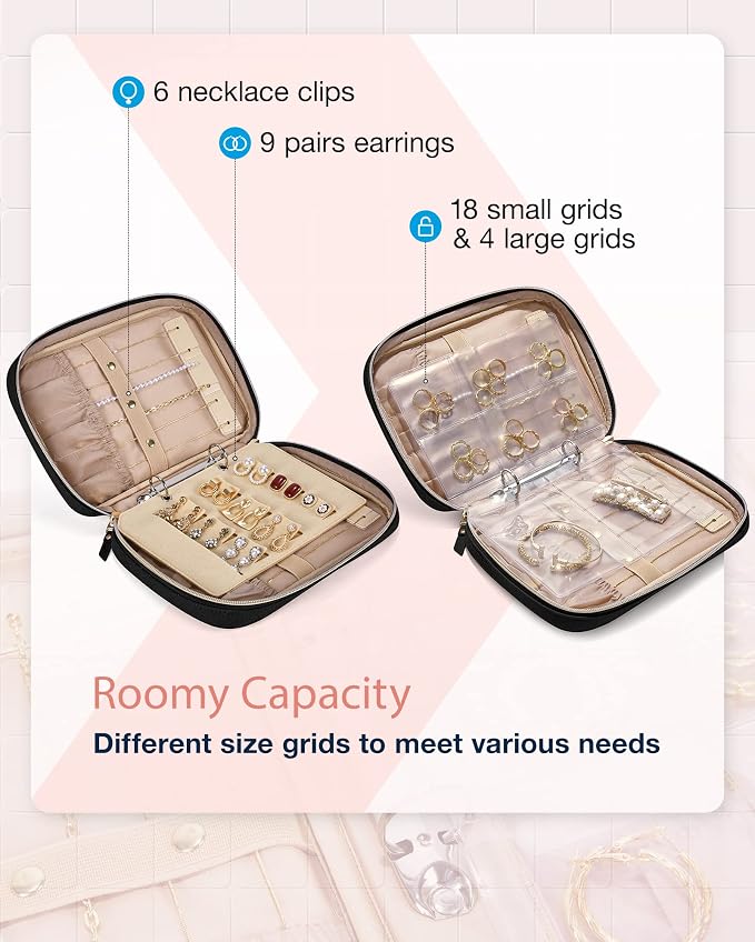 BAGSMART Jewelry Travel Organizer Case Ring Binder Storage Rolls, Black | For Home Jewelry Storage, Ring Binder Clear Bags, Zipper Rolls Pouch, For Necklaces, Earrings, Rings, Bracelets