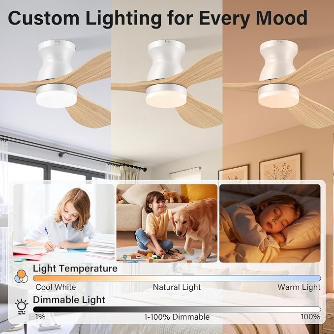 42" Wood Ceiling Fans with Lights,Smart Control via Remote WiFi Alexa APP,Quiet DC Motor,Modern Flush Mount Ceiling Fan for Low Profile Bedroom,Patio,3 Blade,Natural Wood and White,Outdoor Indoor,Dim