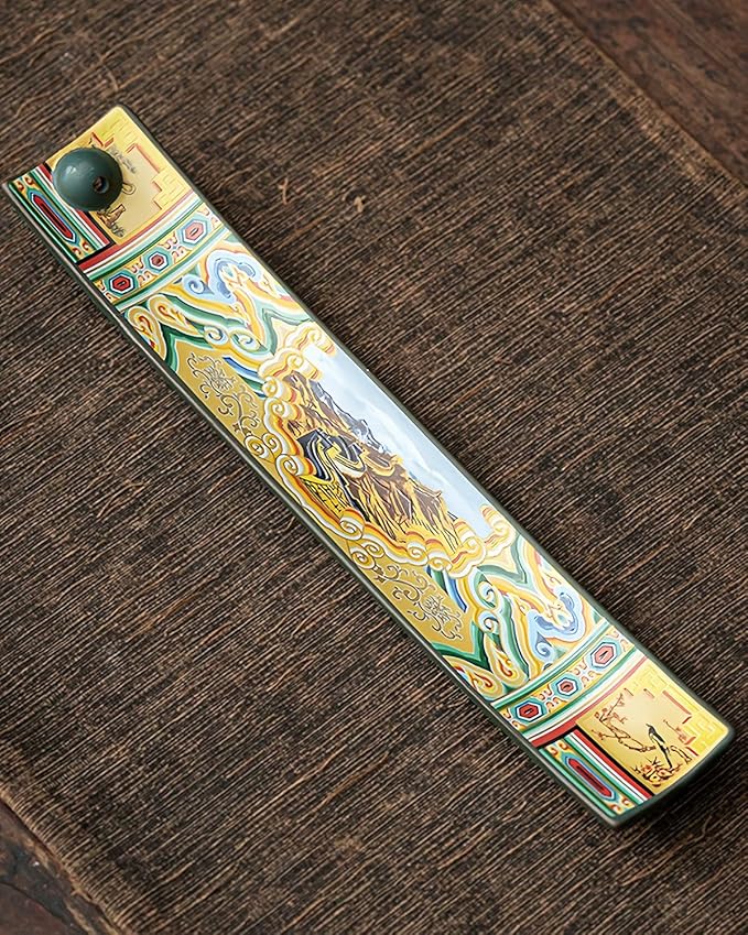 Chinese Incense Stick Holder with Ash Catcher - Ceramic Incense Burner with Ancient Painting, for Zen Meditation, Home Decor & Gift