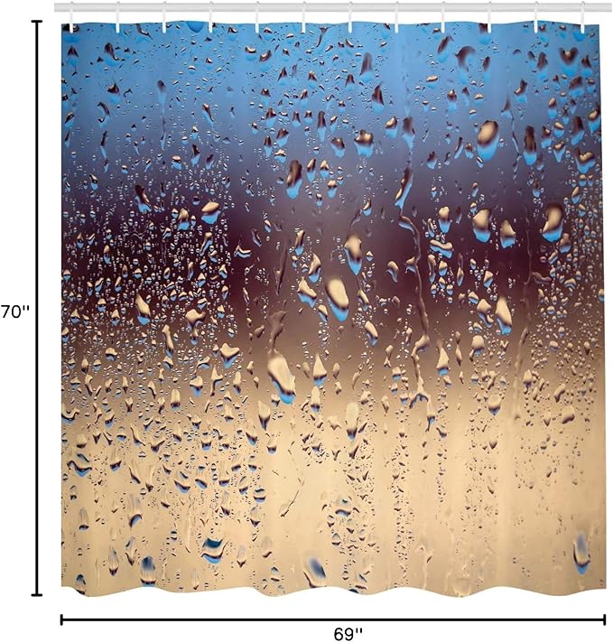 Ambesonne Rain Shower Curtain, Close up Rain Drops on Glass Natural Sprays Sphere Contrasting Colors Picture, Cloth Fabric Bathroom Decor Set with Hooks, 69" W x 70" L, Blue Tan Brown