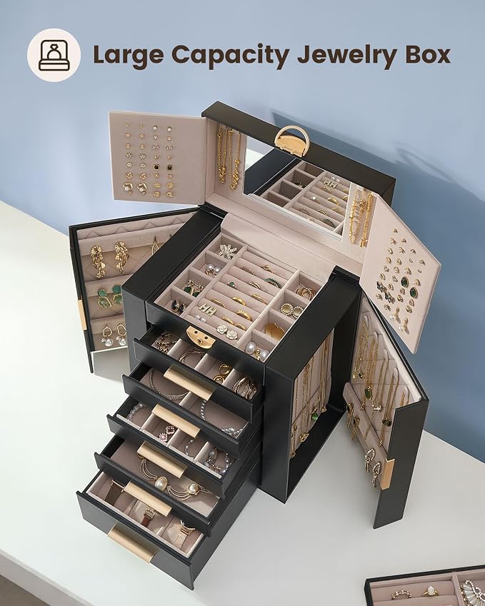 Lolalet Large Jewelry Box Organizer for Women, 6-Layer Jewelry Organizers and Storage Case with Mirror & 5 Drawers, Lockable Watch Ring Earring Bracelet Necklace Holder Girls Gift -6Layer, Black
