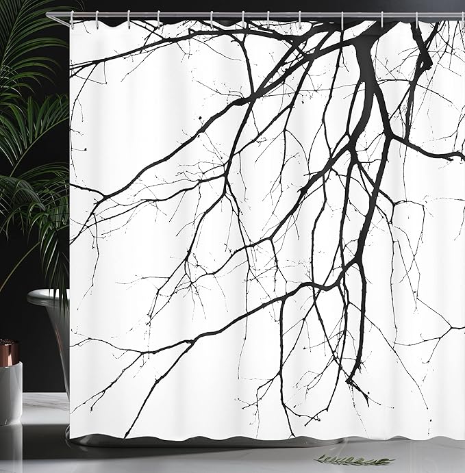 Ambesonne Black White Shower Curtain, Macro Leafless Winter Tree Branches Idyllic Twigs of Oak Nature Print, Cloth Fabric Bathroom Decor Set with Hooks, 69" W x 75" L, Black White