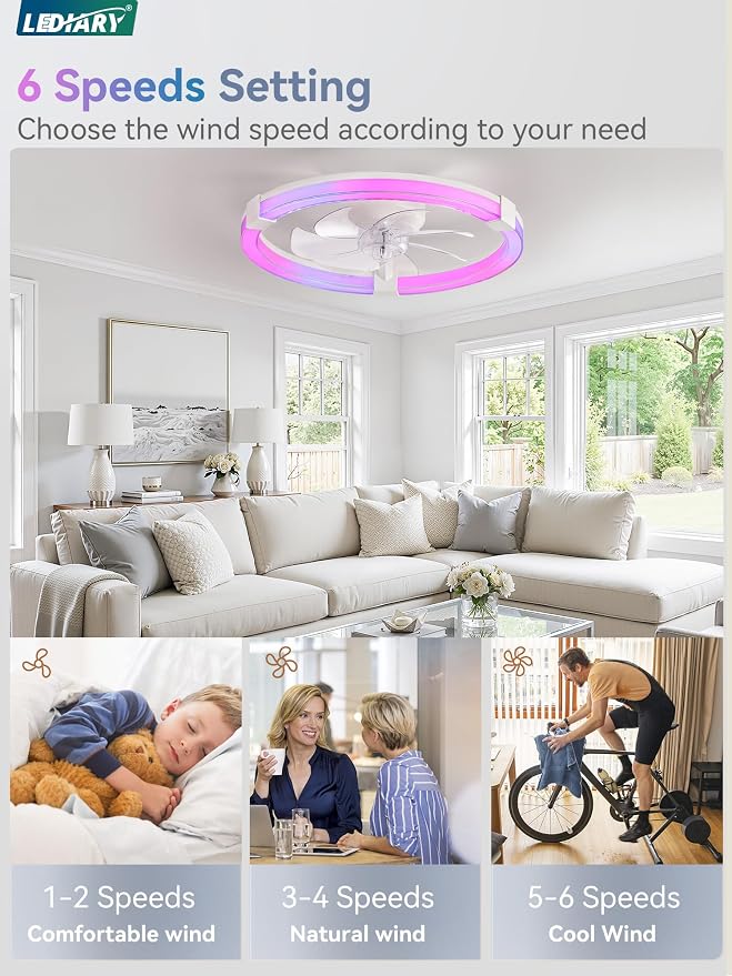 LEDIARY Ceiling Fan with Light,20inch Low Profile Fandelier with Remote RGB | RGB,6 Speeds, Reversible DC Motor, Dimmable Flush Mount Fan Light, Modern fans for Bedroom