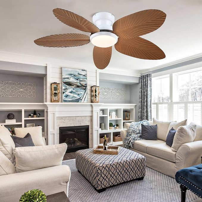 Kviflon Tropical Ceiling Fans with Lights and Remote/APP Control, 45 Inch Low Profile Flush Mount Ceiling Fans, Palm Leaf Ceiling Fan with Light for Bedroom Patios Porch Outdoor, Wood Grain