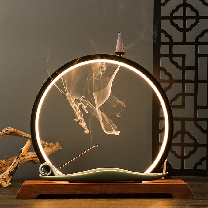 DOBEHOME Backflow Incense Burner with LED Light Ring, Ceramic, Waterfall Design, Includes 1 Tweezer and 30 Incense Sticks for Home, Office, Decor, Yoga, Aromatherapy
