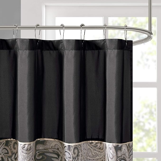 Madison Park - MP70-845 Aubrey Shower Curtain Paisley Jacquard Pieced Microfiber Faux Silk Modern Home Bathroom Decorations Bathtub Privacy Screen, 72" x 72", Black