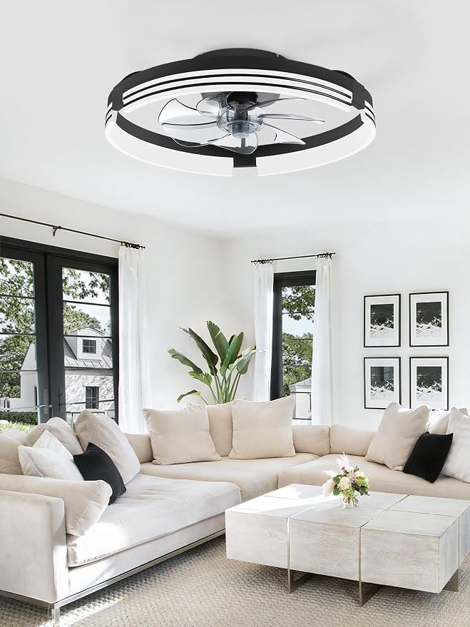 ZMISHIBO Low Profile Ceiling Fans with Lights and Remote, 20 Inch Flush Mount Ceiling Fan with Light, 3000K-6000K Dimmable Fandelier LED Fan Light, 6 Wind Speeds Black Ceiling Fans for Bedroom