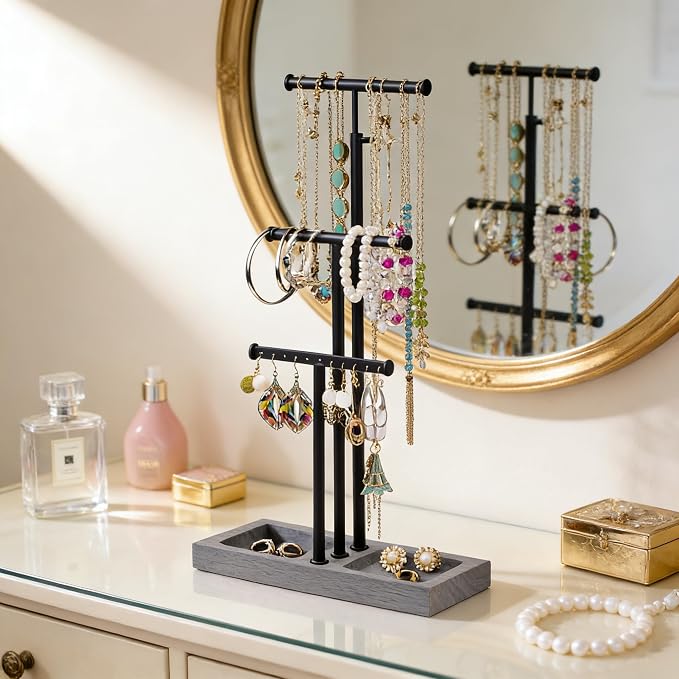 Love-KANKEI 3-Tier Jewelry Holder,Adjustable Height,Black/Weathered Grey | Metal Rod,Solid Wood Base,Easy to Install,Tree Style,Display Long Necklaces,Bracelets,Earrings,Rings,Watches,Bangles,Gift