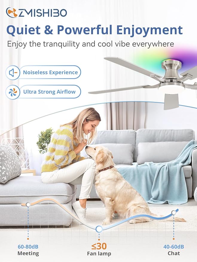 ZMISHIBO 52 Inch Ceiling Fan with RGB Lights, Low Profile Flush Mount with Alexa/App/Remote, Dimmable 20W LED Light, Nickel Modern for Living Room, Bedroom, Game Room
