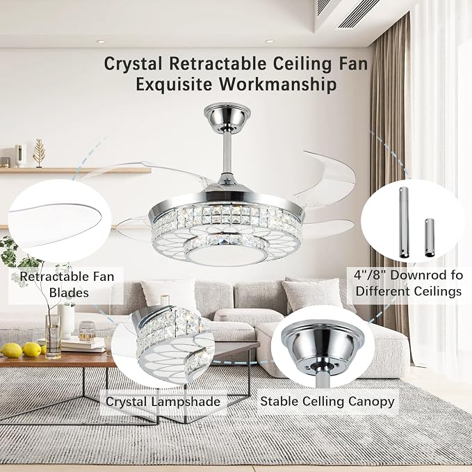 42" Retractable Ceiling Fans with Lights, Crystal Chandelier Ceiling Fan with Remote & APP Control, Modern Dimmable LED Fandelier for Living Room, Dinning Room, Bedroom (Silver)