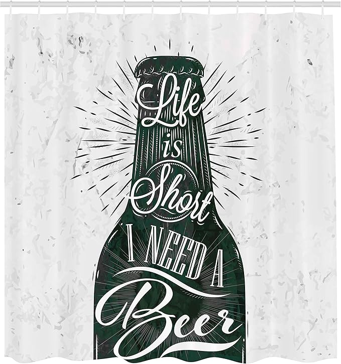 Ambesonne Manly Shower Curtain, Retro Lettering of Life is Short I Need a Beer Calligraphy Print Vintage Stripes, Cloth Fabric Bathroom Decor Set with Hooks, 69" W x 70" L, White Black