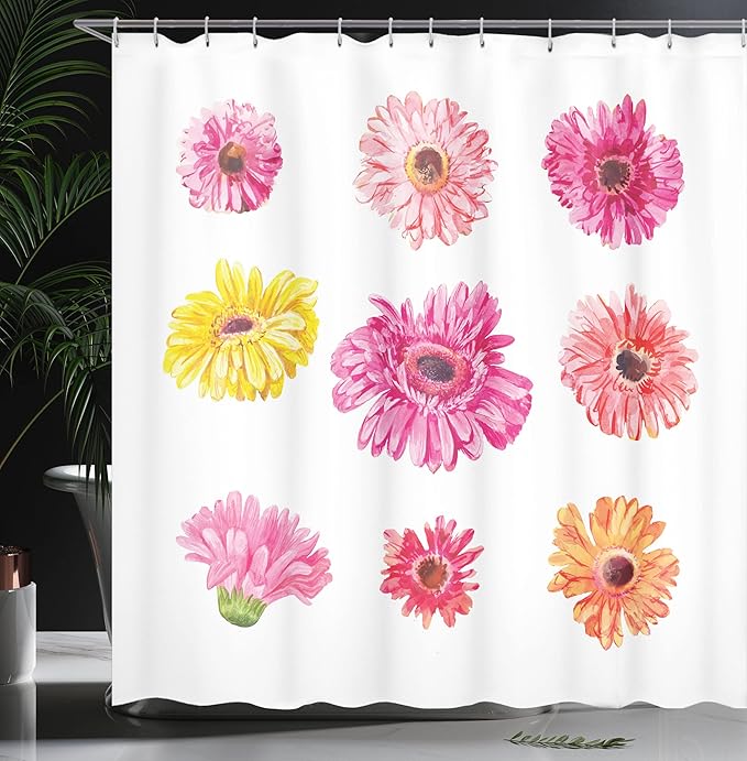 Ambesonne Daisy Shower Curtain, Gerbera Flower Heads in Pink and Yellow Shades Watercolor Aquarelle Art Floral, Cloth Fabric Bathroom Decor Set with Hooks, 69" W x 84" L, Multicolor