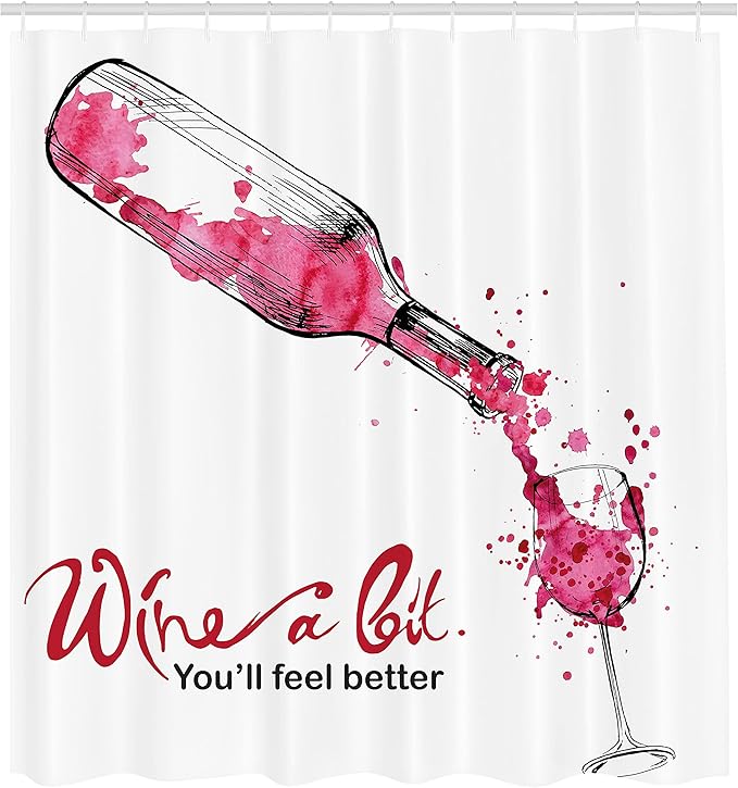 Ambesonne Wine Shower Curtain, Wine a Bit You Feel Better Inspirational Words Bottle Pouring Sketch Art, Cloth Fabric Bathroom Decor Set with Hooks, 69" W x 70" L, Pink Dark Coral Black