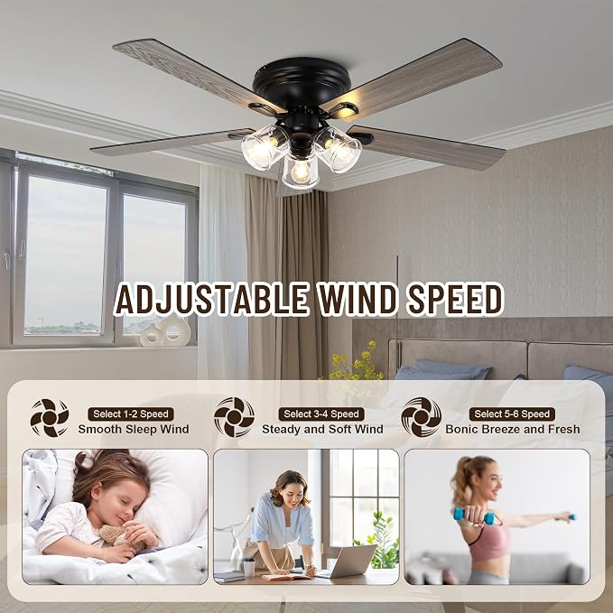 52" Flush Mount Ceiling Fan with Lights and Remote Control | Farmhouse Ceiling Fan with Light,Reversible Quiet DC Motor,5 Wood Blades,3 Clear Glass Lights for Bedroom Living Room Kitchen