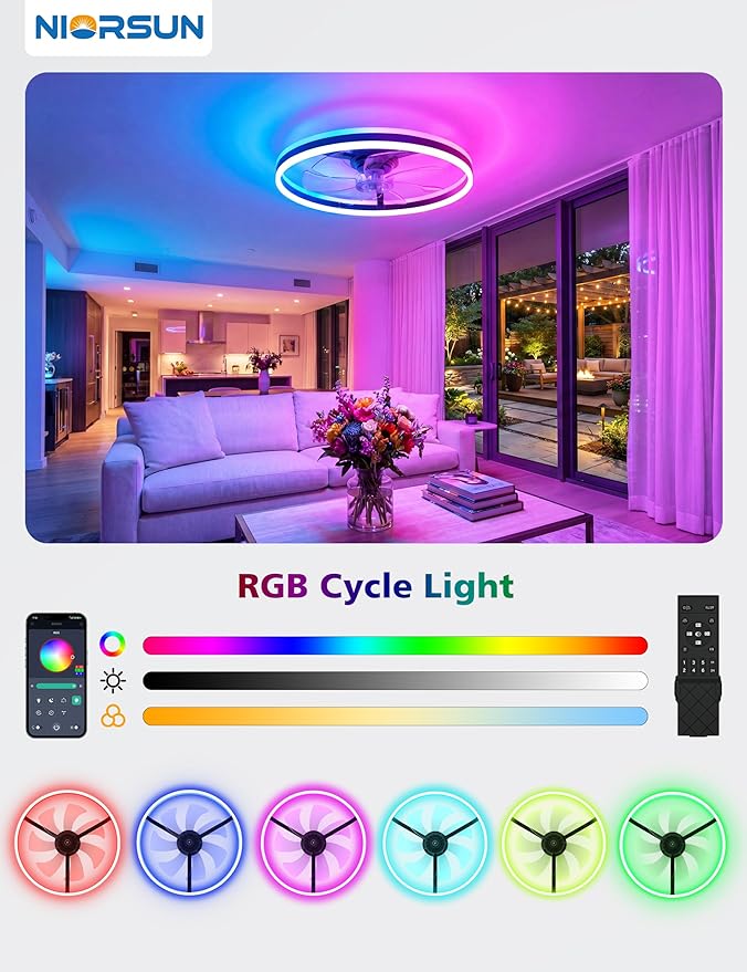 NIORSUN RGB Ceiling Fans with Lights and Remote, Modern Smart LED Ceiling Fans Light, 6 Speeds & 3000K-6500K Dimmable, Quiet Bladeless Fandelier Ceiling Fan with Light for Bedroom(24Inch, Black)