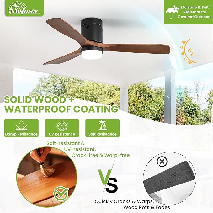 Sofucor 52 Inch Low Profile Ceiling Fans with Light, Modern Flush Mount Solid Wood Ceiling Fan with Airflow 5000CFM, Quiet DC Motor, 6 Speeds, Timer & Reversible for Living Room Bedroom, ETL, Walnut