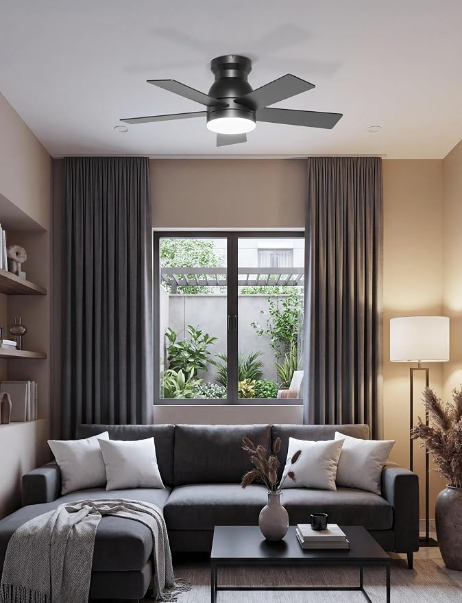 32'' Black Flush Mount Ceiling Fan with Light for Hallway, Closet | Quiet DC Motor, Low Profile, 3CCT Dimmable, Modern Small Room Ceiling Fan with App/Remote Control