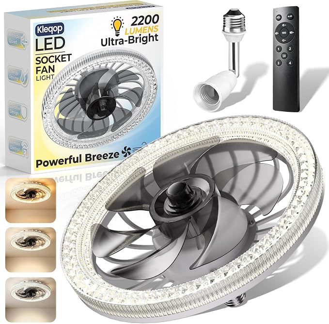 Low Profile Screw in Ceiling Fan Light, 2200LM Dimmable Light Socket Fan with Remote Control and Extender, Small Light Bulb Fan Combo for Recessed, Laundry Room, Closet, Garage, Basement, Pantry