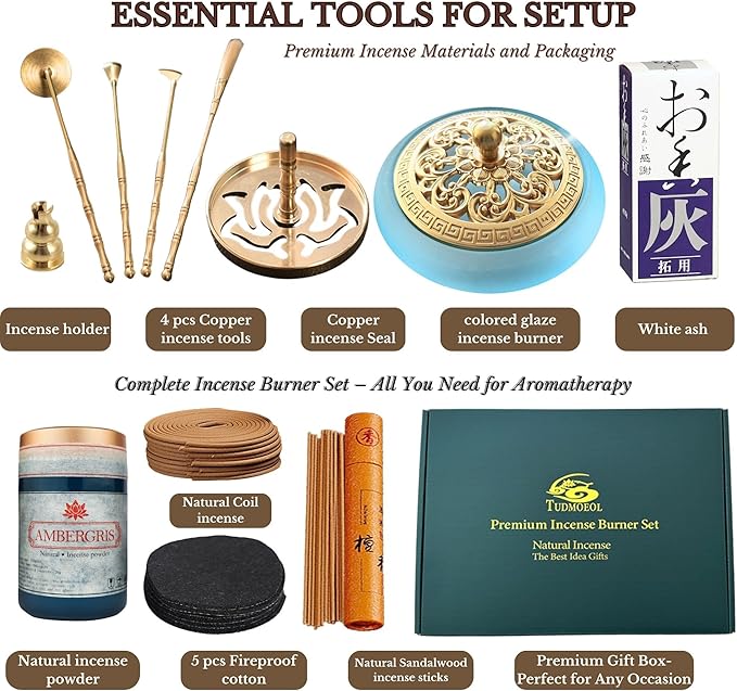 Powder Incense Burner Kit with Brass Censer, Incense Ash Tools and Mold Press Set, Complete Gift Box for Meditation, Yoga and Home Relaxation