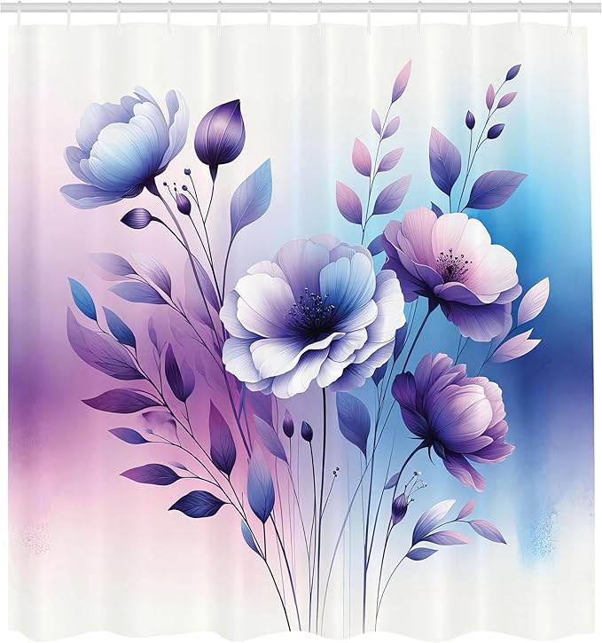 Ambesonne Purple Shower Curtain, Simple Spring Poppy Flowers with Tender Leaves in a Dreamy Color Palette, Cloth Fabric Bathroom Decor Set with Hooks, 69" W x 75" L, Sea Blue Lilac Indigo
