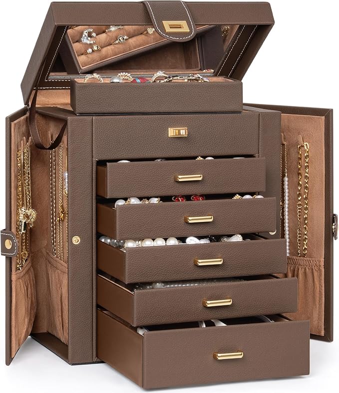 AKOZLIN 6-Tier Jewelry Box Organizer Functional 5 Drawers Leather Jewelry Storage Case for Women Girls Ring Necklace Earring Bracelet Holder Organizer with Mirror Medium Brown