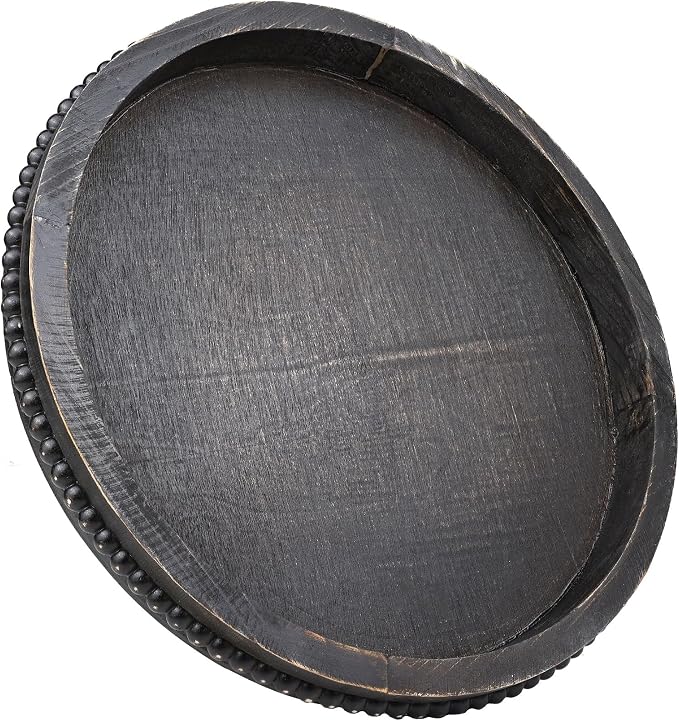 Hrastany Round Wooden Serving Tray with Beads, Circle Vintage Black Wood Coffe Table Tray for Dining Room Table Centerpiece, Kitchen Counter