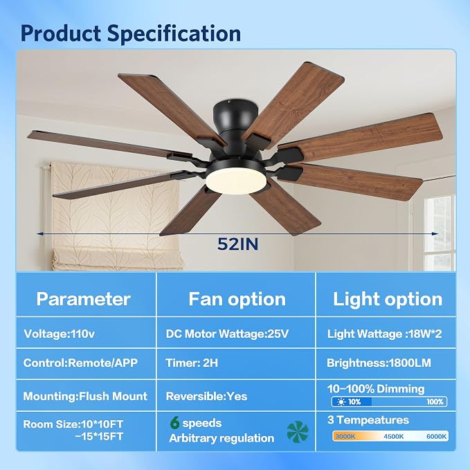 JSAITEE 52Inch Ceiling Fan with Lights, Flush Mount Low Profile, Brown | Ceiling Fans,DC Reversible Motor Noiseless, 3CCT Dimmable, Dual Finish, 6 Speeds Ceiling Fan for Indoor/Outdoor