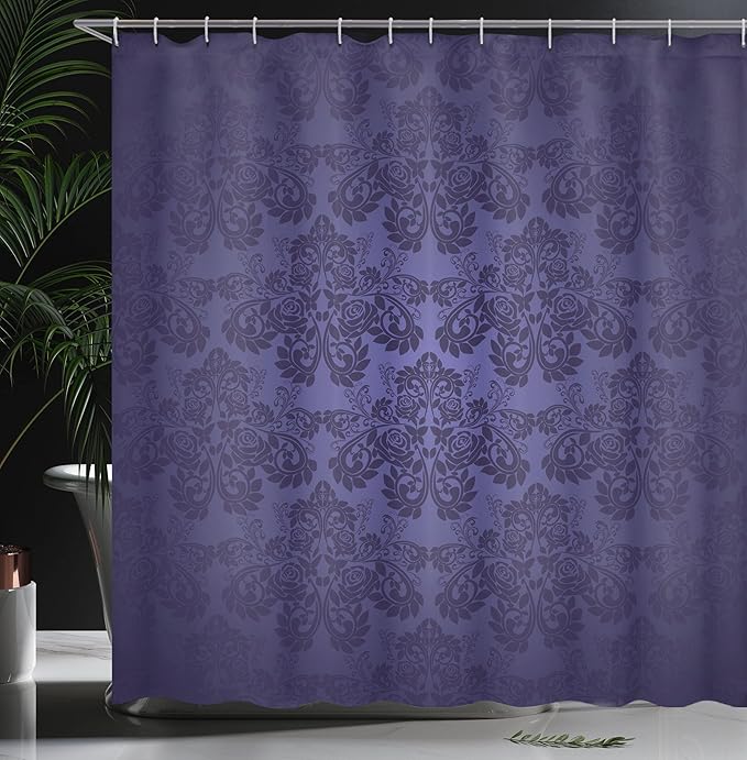 Ambesonne Dark Purple Shower Curtain, Royal Floral Damask Motifs Antique Design Vintage Victorian Print, Cloth Fabric Bathroom Decor Set with Hooks, 69" W x 70" L, Dark Blue