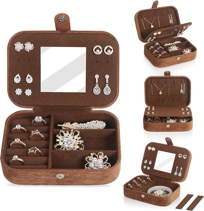 Hatori Travel Jewelry Box, PU Leather Small Jewelry Organizer for Women Girls, Double Layer Portable Mini Travel Case Display Storage Holder Boxes for Stud Earrings, Rings (Brown Mirror)