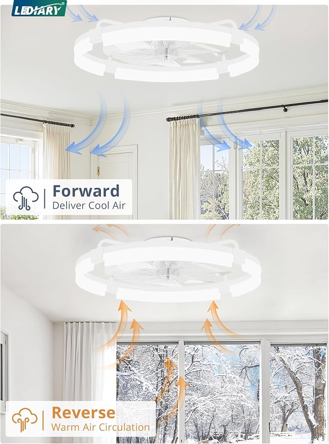 LEDIARY 24" Ceiling Fans with Lights and Remote, Modern Low Profile Ceiling Fan, 3 CCT, Stepless Dimmable, Fandelier Flush Mount Fan Light, 6 Speeds, DC Motor, App & Remote Control for Bedroom(White)
