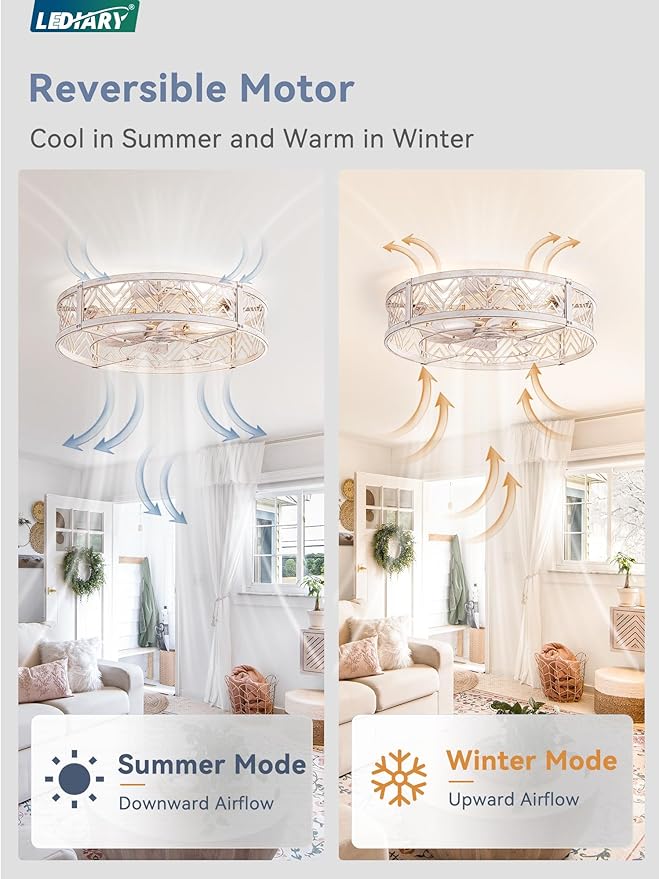 LEDIARY 23" Caged Ceiling Fan with Light, Large Flush Mount, App&Remote Control, Low Profile Bladeless Fan Light Fixture 6 Speed, Reversible and Quiet Motor-White Gold