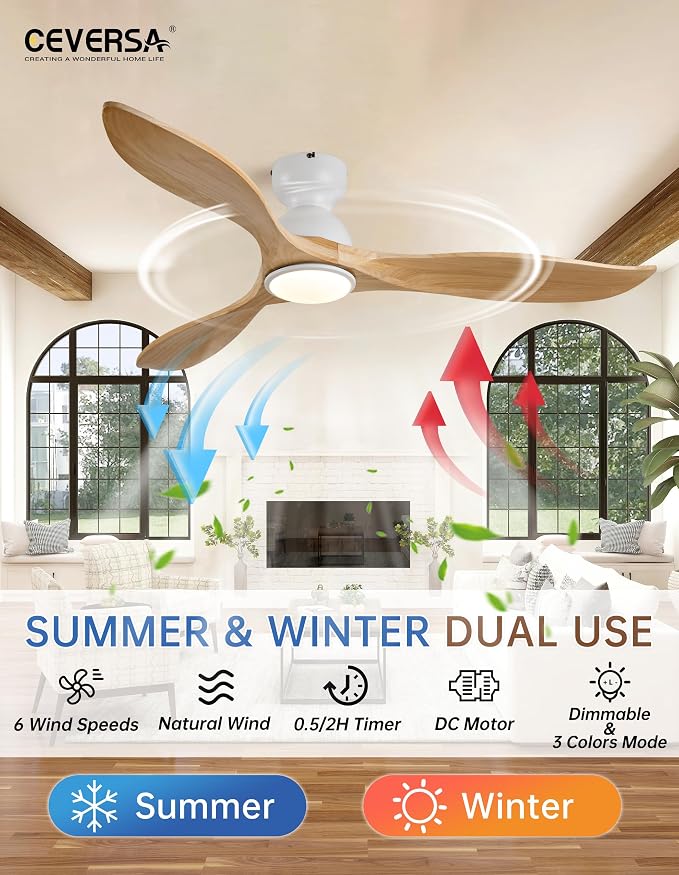 52 Inch Flush Mount Ceiling Fans with Lights and Remote,Low Profile Natural Wood 3 Blade Ceiling Fan,Dimmable,Quiet Noiseless DC Motor for Patios,Living Room,Bedroom(Wall Control Switch)