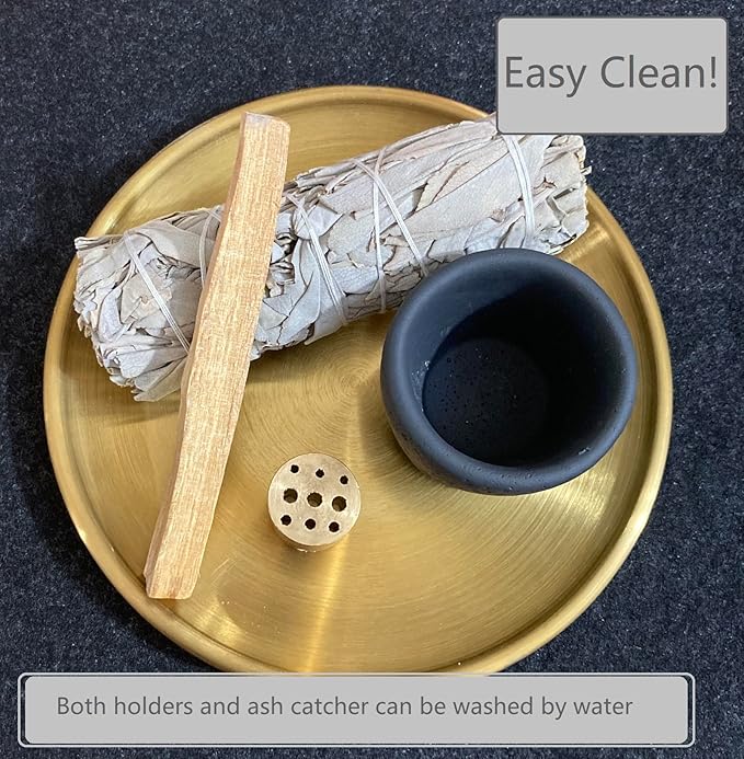 Multiple Function Incense Burner for Burning Palo Santo,Sage, Handcrafted Moon Surface Concrete Burner,Brass Incense Sticks & Cones Holder Steel Ash Catcher Yoga Meditation Gift Home Decor