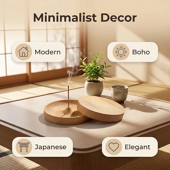 2 Pack Handmade Unpainted Solid Wood Incense Holder with Lid, Windproof Round Stick Incense Burner Ash Catcher, Portable Smooth Minimalist Incense Tray for Home Bedroom Office Yoga Camping Travel