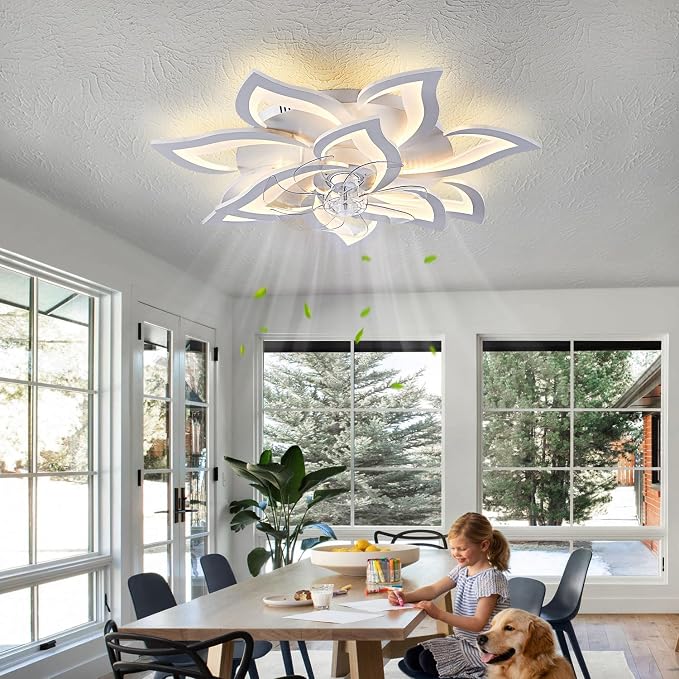 32inch White Flower Modern Ceiling Fans with Lights, Low Profile Ceiling Fan with Remote for Bedroom, Flush Mount Ceiling Fan with LED Dimmable Light,6-Speeds, Timing Ceiling Fan Light