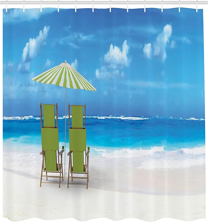 Ambesonne Seaside Shower Curtain, Sunshade Drinks Pair of Reclining Chairs Facing to Ocean Seascape, Cloth Fabric Bathroom Decor Set with Hooks, 69" W x 70" L, Green Lime