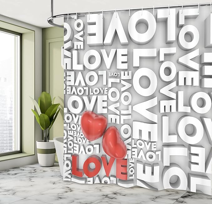 Ambesonne Love Shower Curtain, Macro Big Texts Lettering Setting Passionate Emotions Feelings Sweetheart Design, Cloth Fabric Bathroom Decor Set with Hooks, 69" W x 84" L, Grey Red White