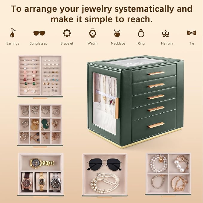 Homeanda Jewelry Box for Women with Glass Lid, 5 Drawers Jewelry Organizer and Storage for Necklaces, Rings, Earrings, Bracelets, Gift for Girls and Teens,PU Leather (Green)