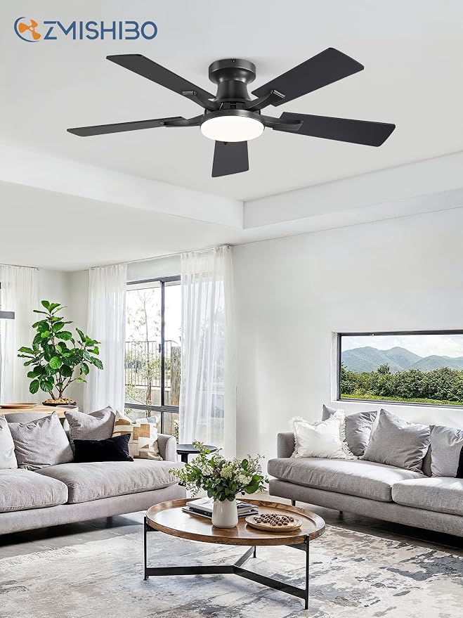 ZMISHIBO 42 Inch Ceiling Fan with Light, App&Remote Control, Flush Mount Low Profile, Dimmable 20W LED Light, Quiet Reversible Motor for Bedroom, Living Room, Apartment, Black