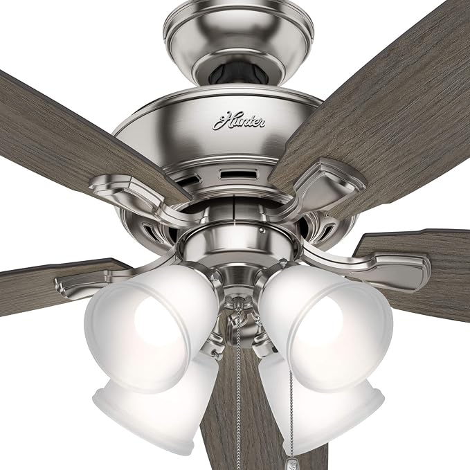 Hunter Amberlin, Indoor, Ceiling Fan, Pull Chain, 52 inch, Brushed Nickel | with LED Lights, Standard Mount, 5 Blades, For Bedroom, Living Room, Includes Bulbs, 53216