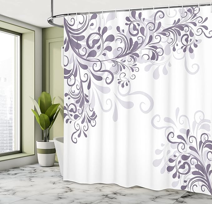 Ambesonne Oriental Shower Curtain, Floral Ivy Swirls and Leaves Abstract Modern Frame Like Artwork Image, Cloth Fabric Bathroom Decor Set with Hooks, 69" W x 75" L, Pale Eggplant
