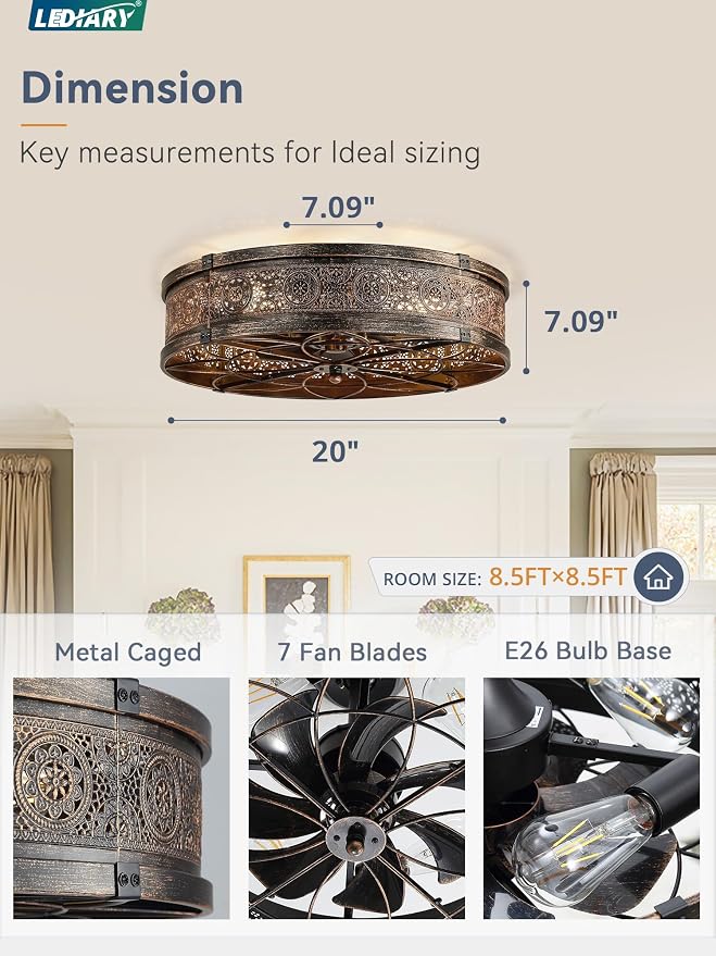 LEDIARY 20" Caged Ceiling Fans with Lights,Low Profile Flush Mount Enclosed Bladeless Farmhouse Ceiling Fan with Light and Remote,Black and Gold Vintage Victorian Rustic Fandelier for Bedroom,Kitchen
