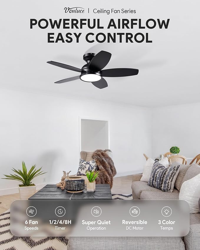 VONLUCE Ceiling Fans with Lights, 36 Inch Ceiling Fan and Remote, Full-spectrum LED Light, 3CCT, 6-Speeds Noiseless Reversible DC Motor, Modern Ceiling Fan for Bedroom Living Room Farmhouse, Black