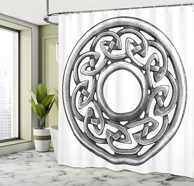 Ambesonne Celtic Shower Curtain, Royal Style Circular Brooch Design Antique Traditional Scottish Motif Print, Cloth Fabric Bathroom Decor Set with Hooks, 69" W x 70" L, Grey and White