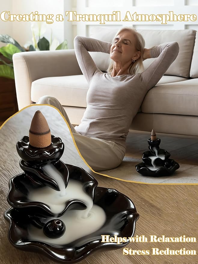 Waterfall Incense Burner, Backflow Incense Holder Lotus Ceramic Censer Cones Sticks Porcelain Holder for Aromatherapy Cones Relaxation, Purification, Meditation, Yoga