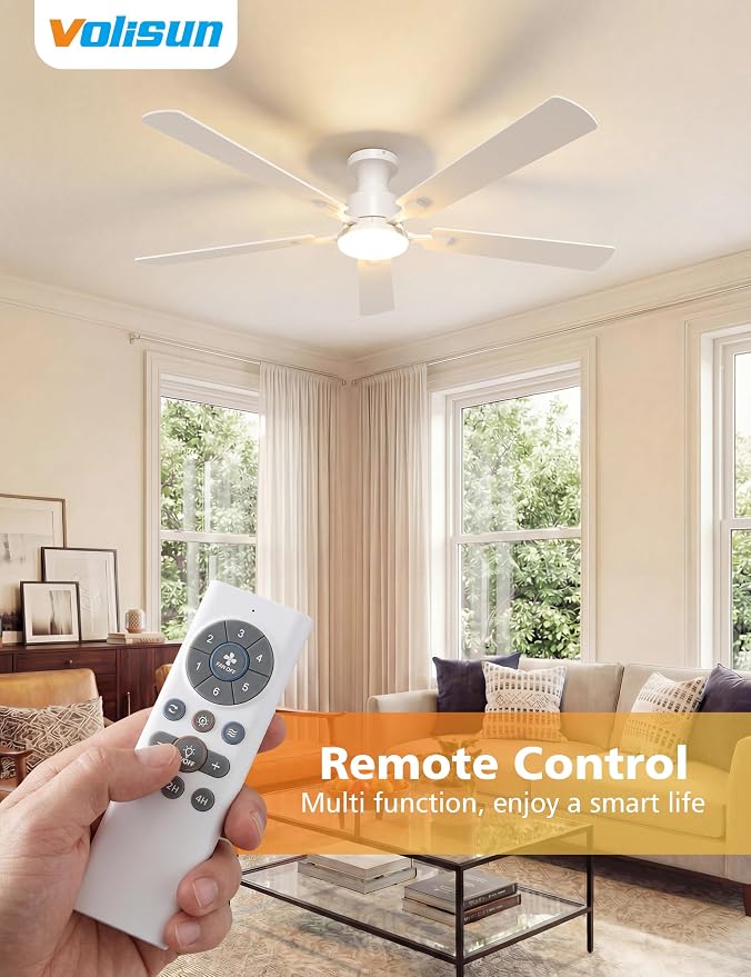 VOLISUN 60 Inch Ceiling Fan with Lights Flush Mount, Low Profile Ceiling Fans with Lights, Remote&APP Control,Dimmable 22W LED Light,Queit&Reversible Fan, White Ceilings Fans for Bedroom, Living Room