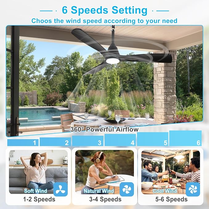 Depuley Outdoor Ceiling Fan with Lights: 42" Black Gazebo Fans Outdoor Hanging with Remote APP Control - Plug in Waterproof Fans with Light for Patio Porch Reversible Black Blades 3CCT 6 Speeds Timer
